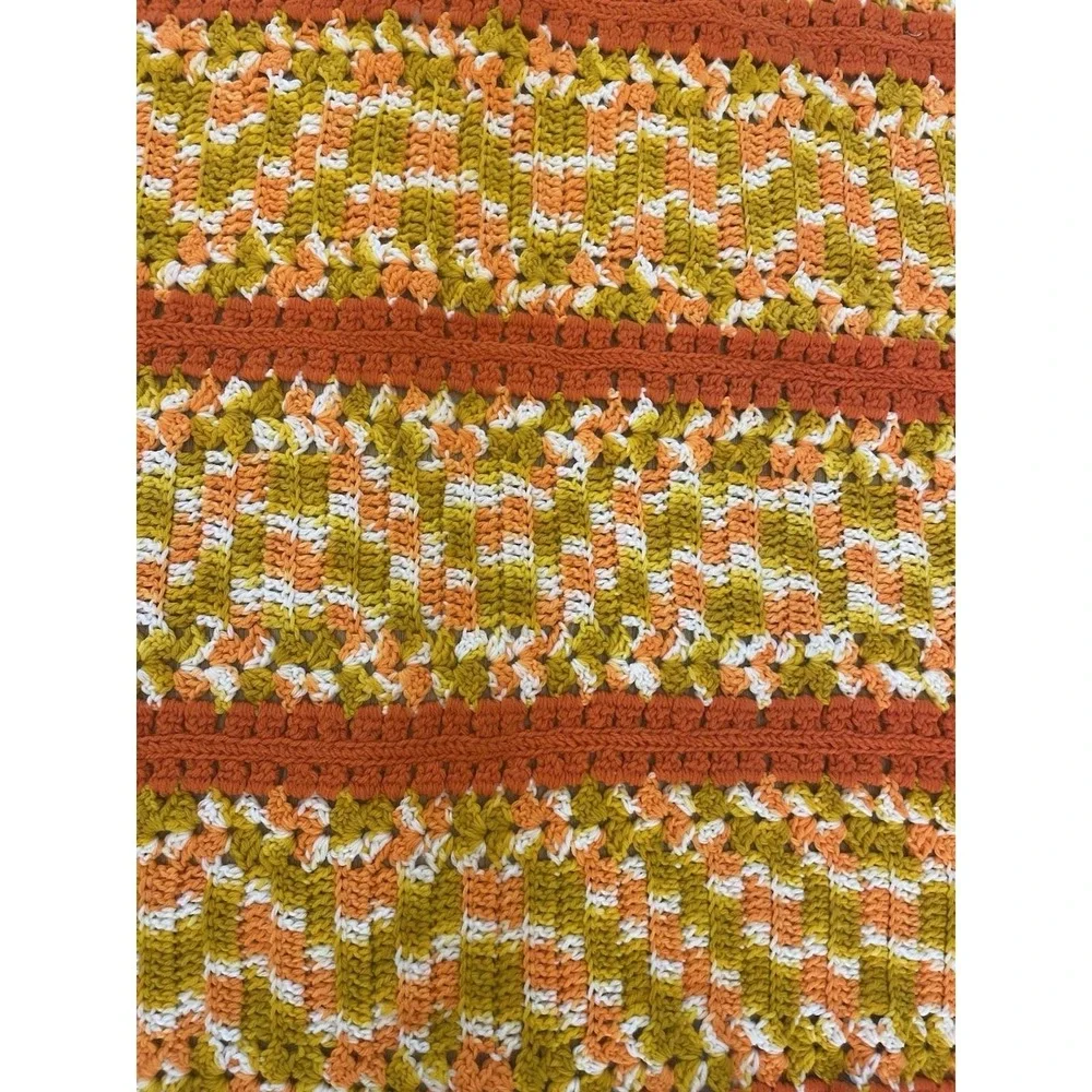 Vtg Lg 70s‎ Orange & Gold Crochet Afghan Sofa Throw Blanket 62